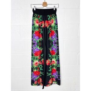 Vintage Y2K Arden B Wide Leg‎ Pants Women Size Small Black Floral Tropical Print